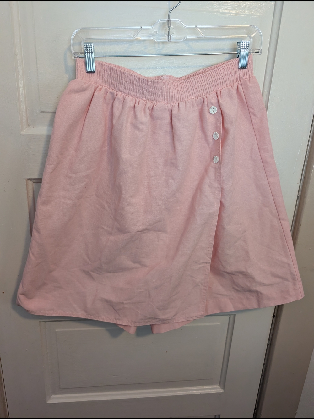 90s Vintage Soft Pink Elastic-Waist A-Line Skort with Side Button Detail